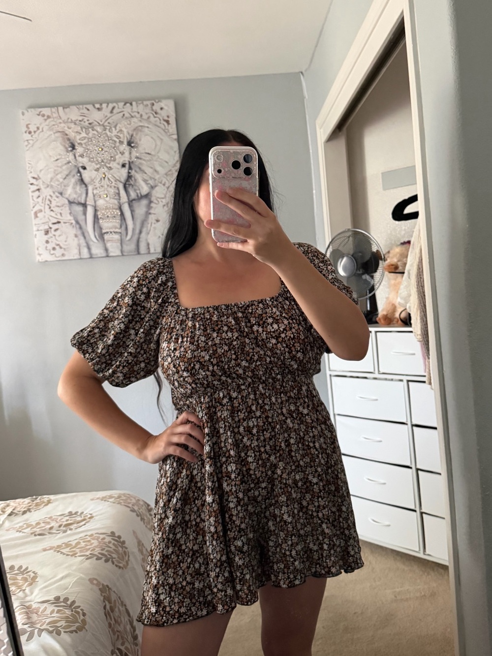 Floral cutout open back Puff-Sleeve Smocked Square-Neck Flowy Romper L Large